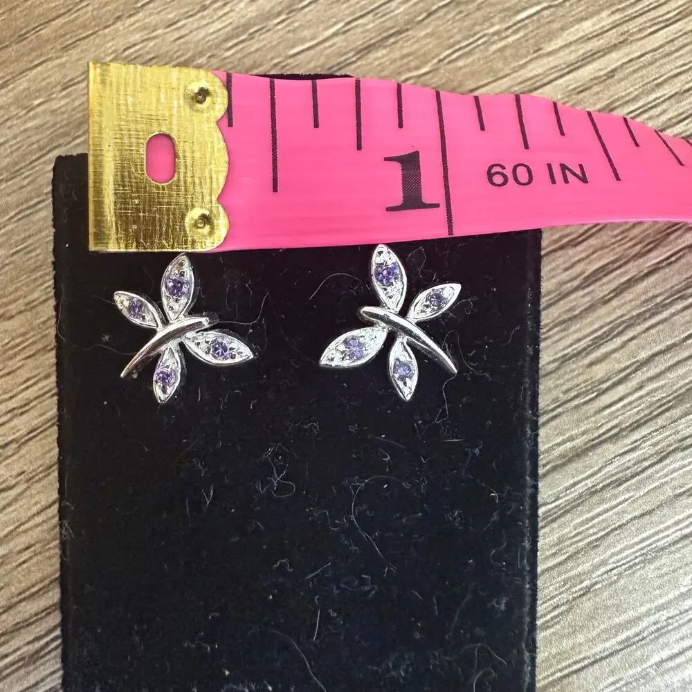 NWT Sterling Silver Dragonfly Dainty Y2K 90s Purple/Clear Stone Stud Earrings